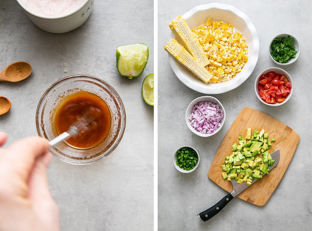 side by side photos of chopped veggies and the making of lime dressing.