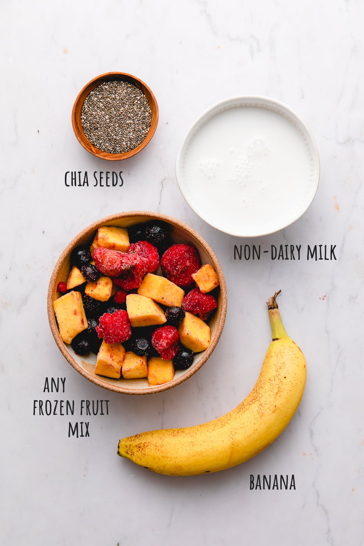 top down view of ingredients used to make chia seed smoothie with banana.