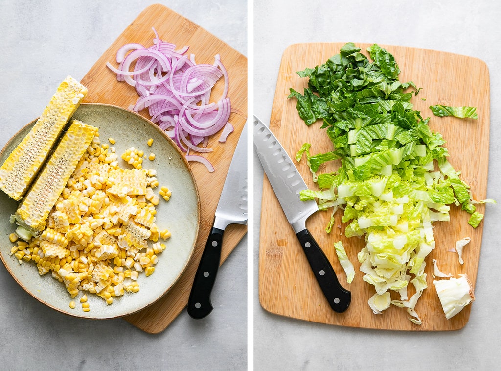 side by side photos of prepped corn and red onion, and romaine.