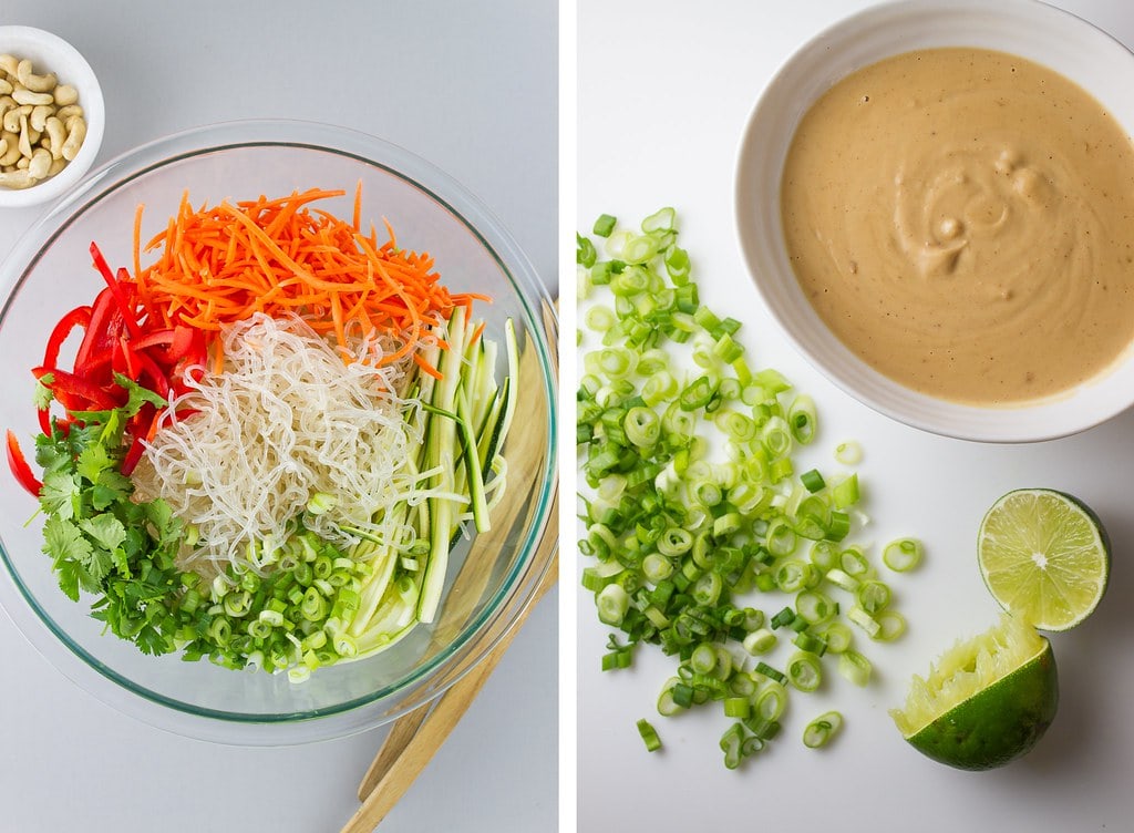 side by side photos showing the process of making raw pad thai.