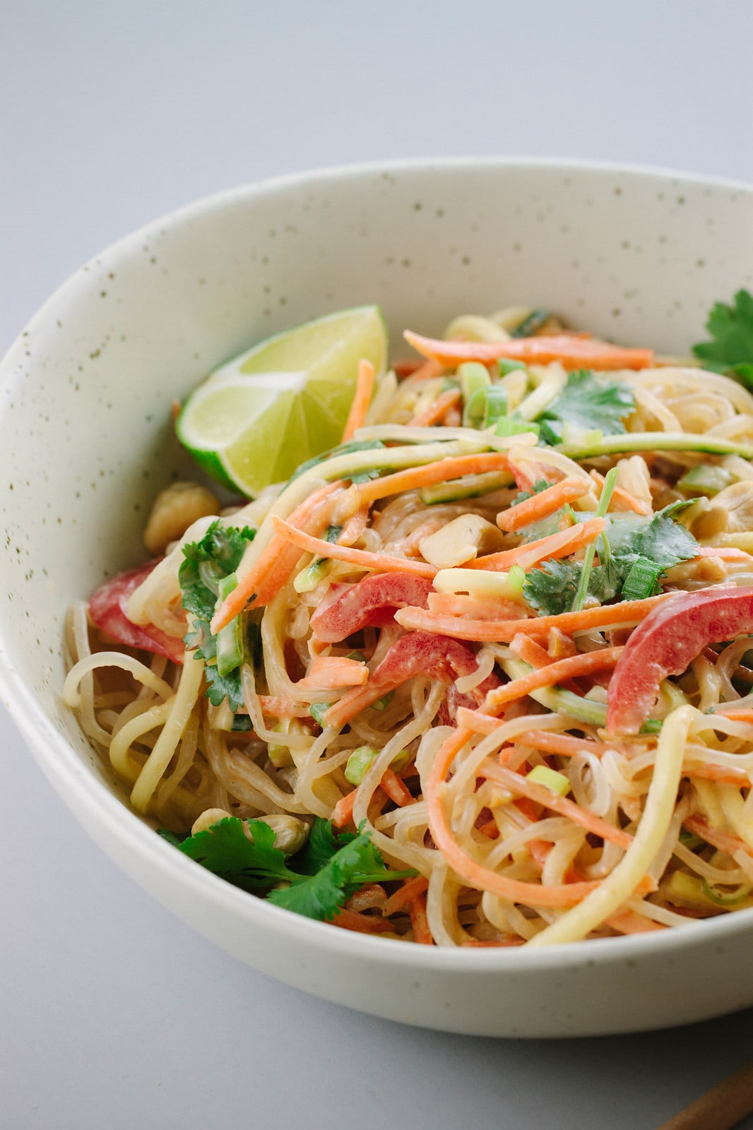 side angle view of fresh raw pad thai in a bowl.