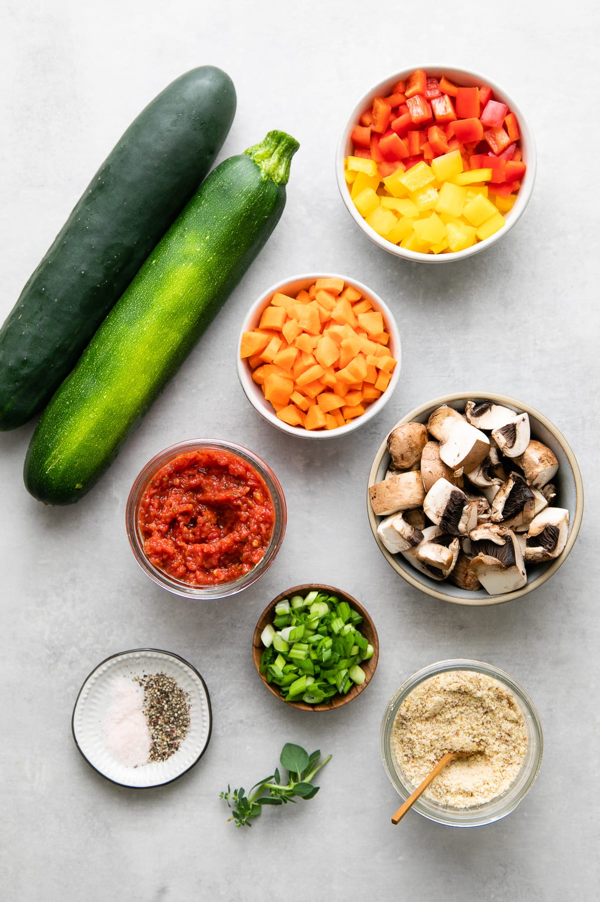 top down view of ingredients used to make the best raw vegetable pasta recipe.