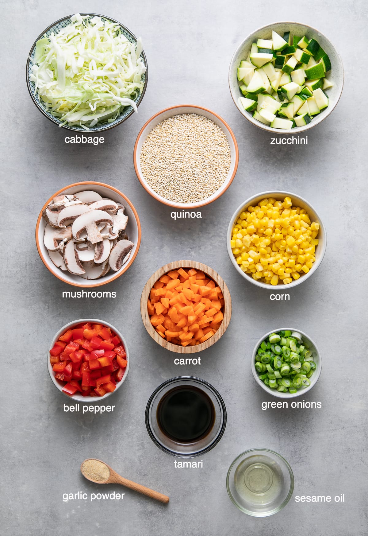 top down view of ingredients used to make quinoa fried rice with vegetables.