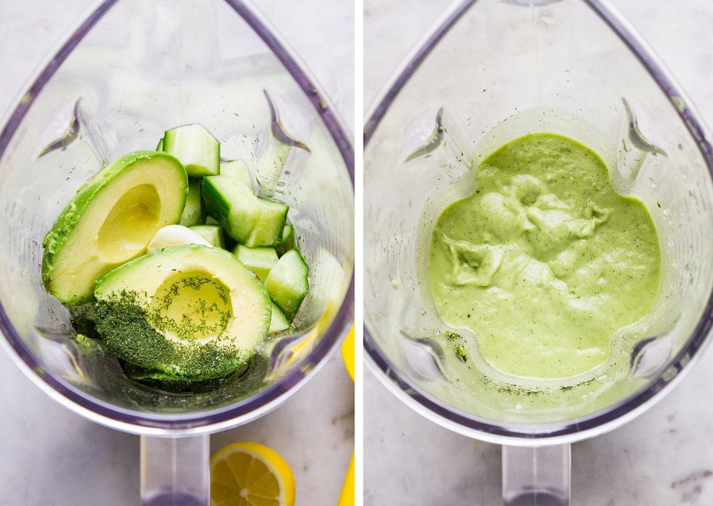 side by side photos showing the before and after of pureed chilled avocado cucumber soup in a blender cup.