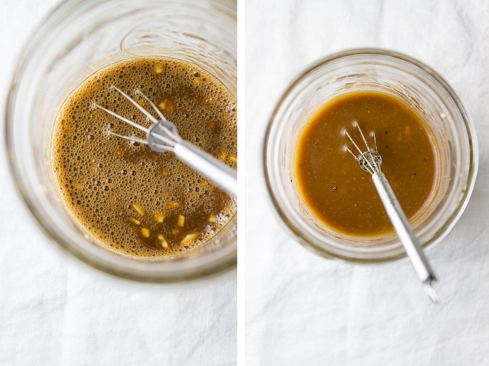 side by side photo of the process of mixing flax evo balsamic vinaigrette.