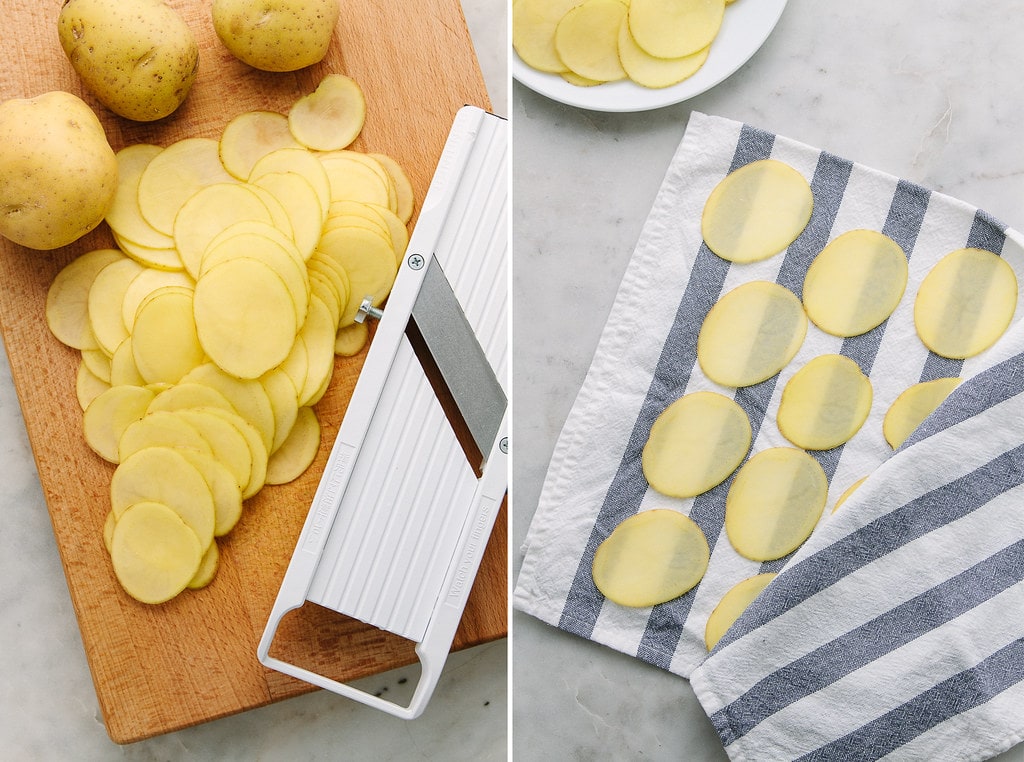 side by side photos showing the process of making potato chips.