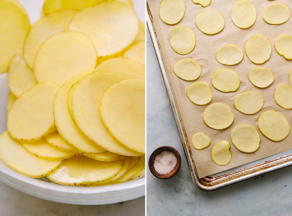 side by side photos showing the process of prepping healthy baked potato chips.
