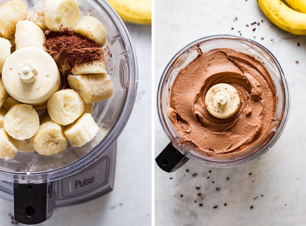 side by side, top down view of the process of making raw chocolate banana ice cream in a food processor.
