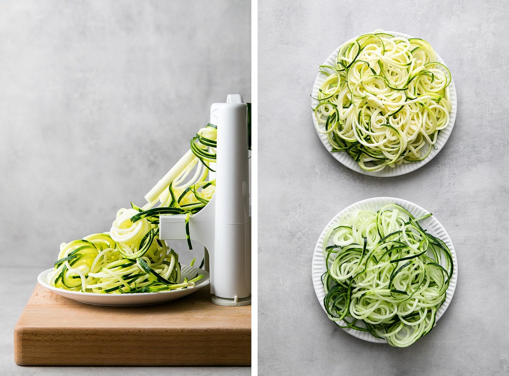side by side photos showing the process of spiralizing zucchini.