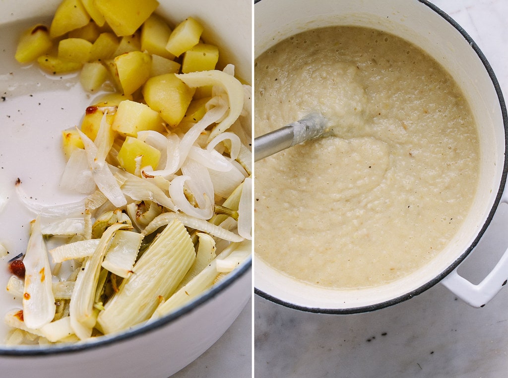side by side photos showing the process of making roasted fennel and potato soup in a large pot.