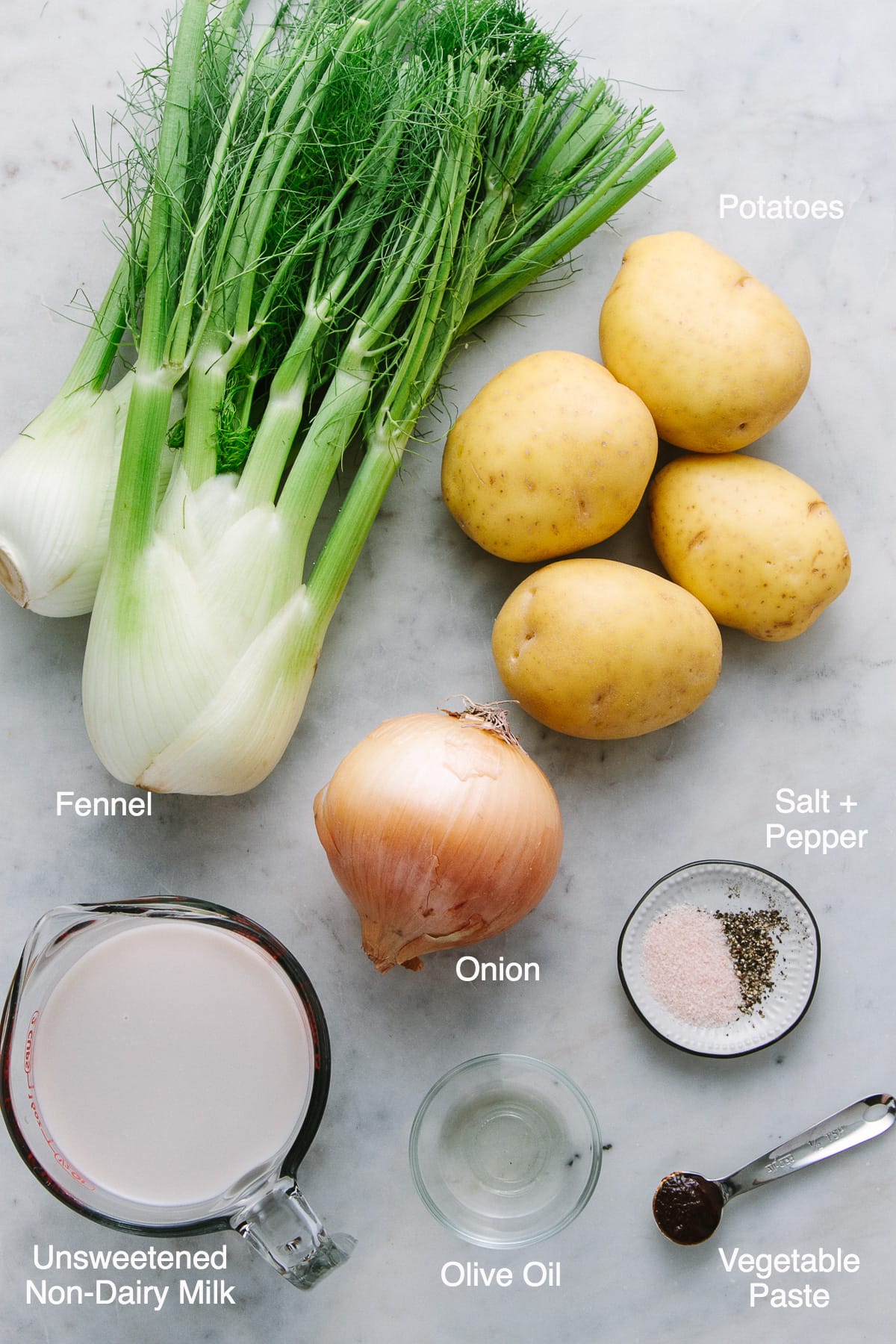 top down view of the ingredients used to make roasted fennel and potato soup.