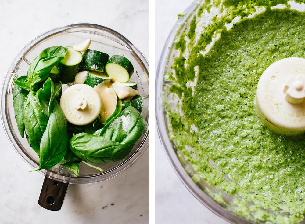 side by side shot of basil and zucchini in food processor, by a photo of the zucchini blended and creamy