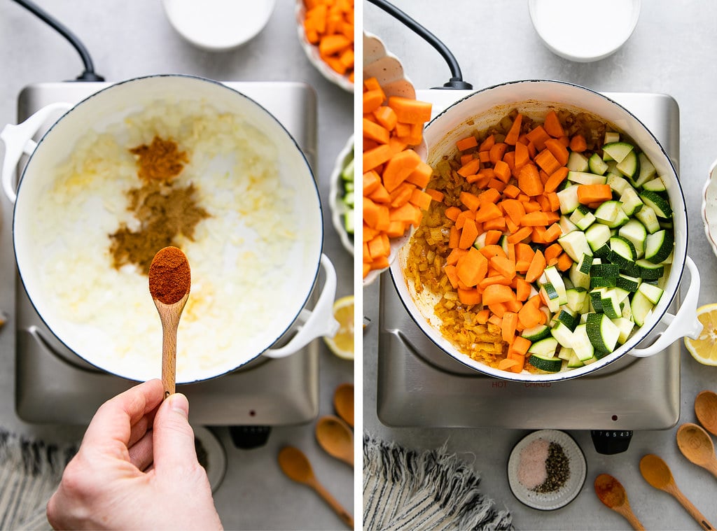 side by side photos showing the process of sauteing veggies and spices on the stovetop.