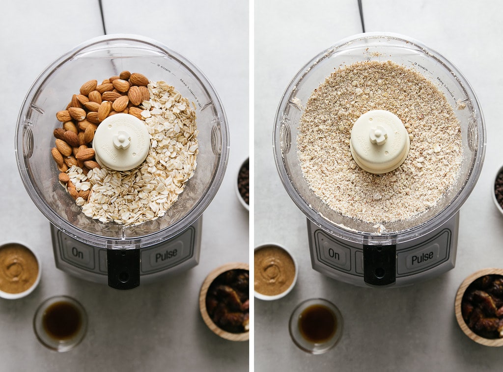 side by side photos showing the process of processing almonds and oats in food processer.