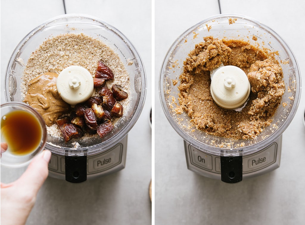side by side photos showing the process of making no bake energy bites.