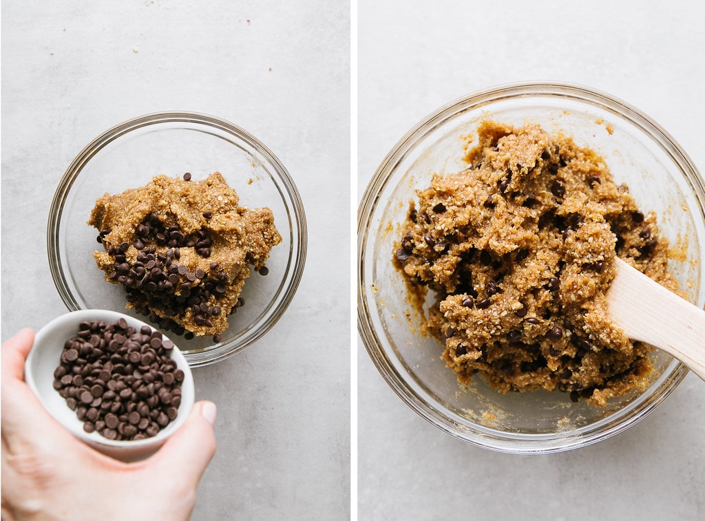 side by side photos showing the process of adding chocolate chips to energy bites dough.