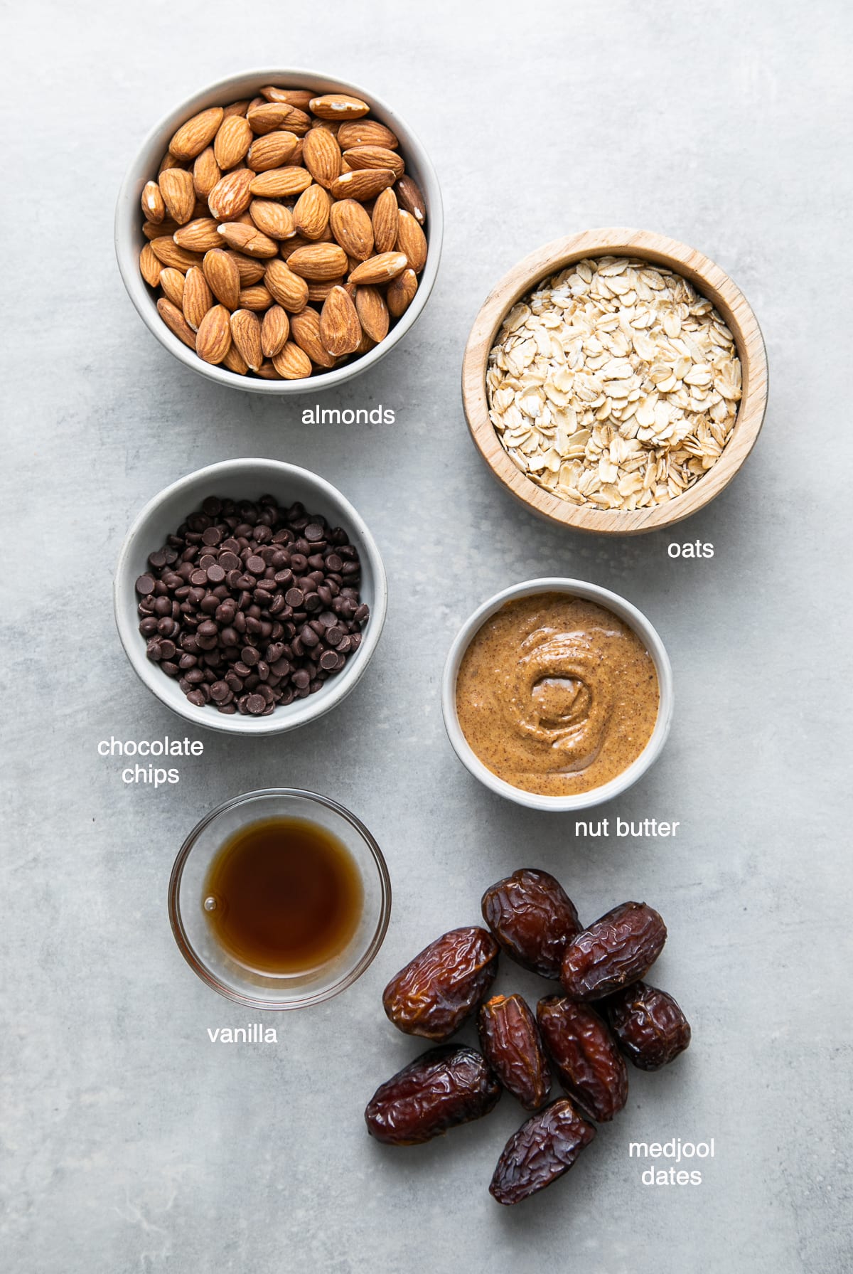 top down view of ingredients used to make heathy chocolate chip energy bites.