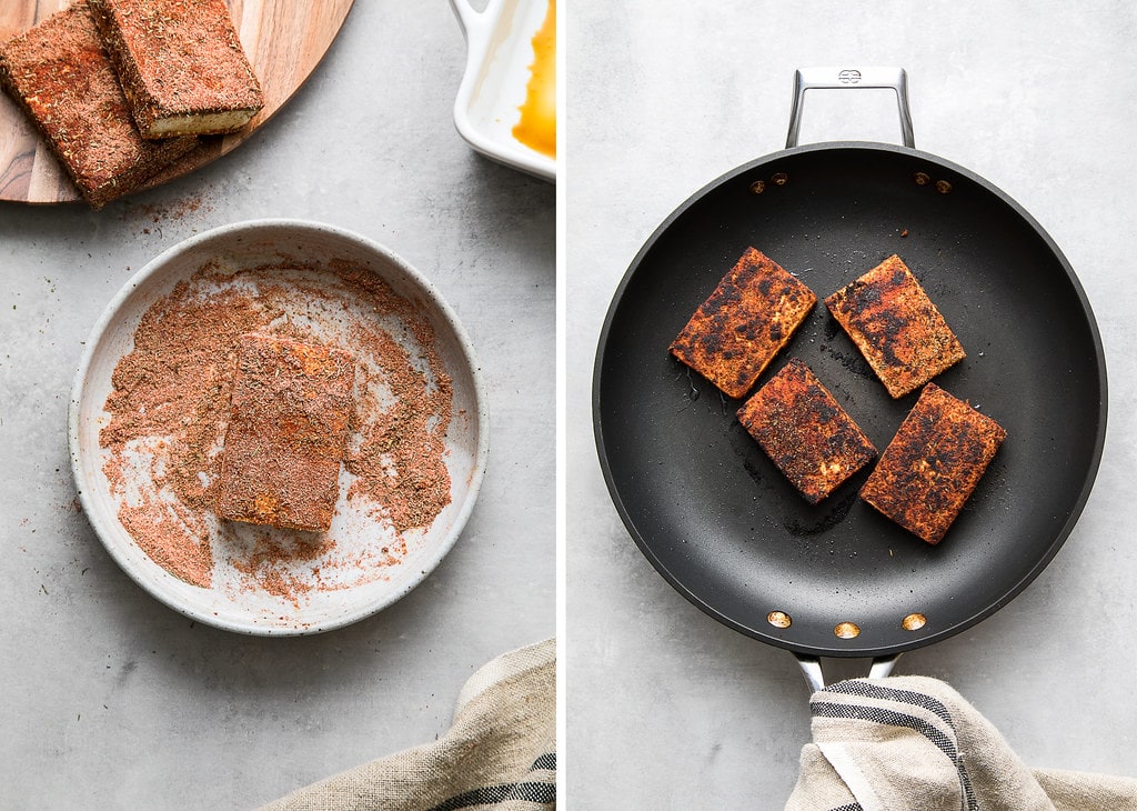 side by side photos showing the process of making blackened tofu.