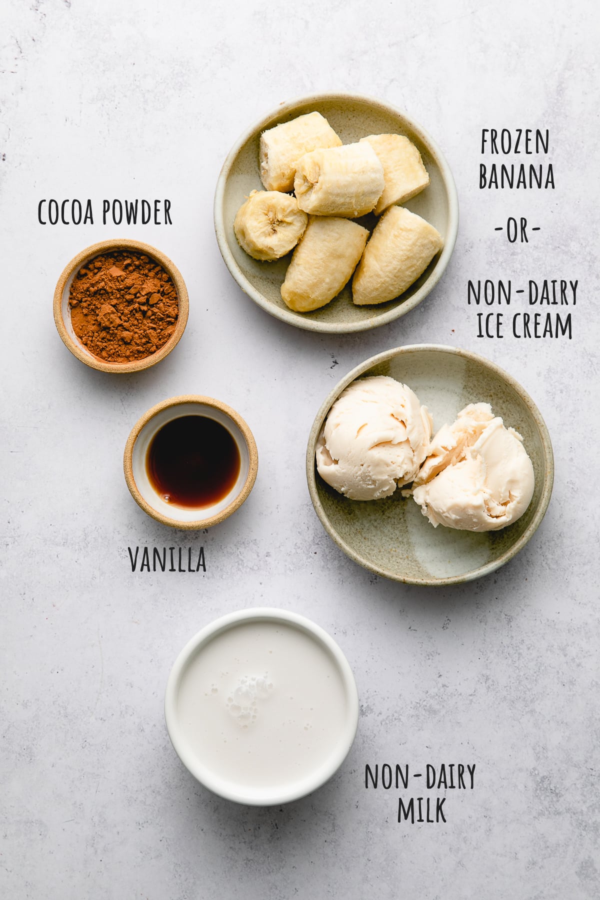 top down view of ingredients used to make vegan chocolate milkshake.