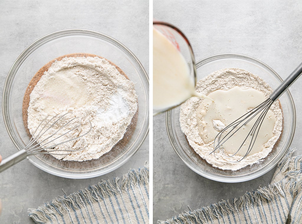 side by side photos showing the process of making vegan pancake batter in glass bowl.