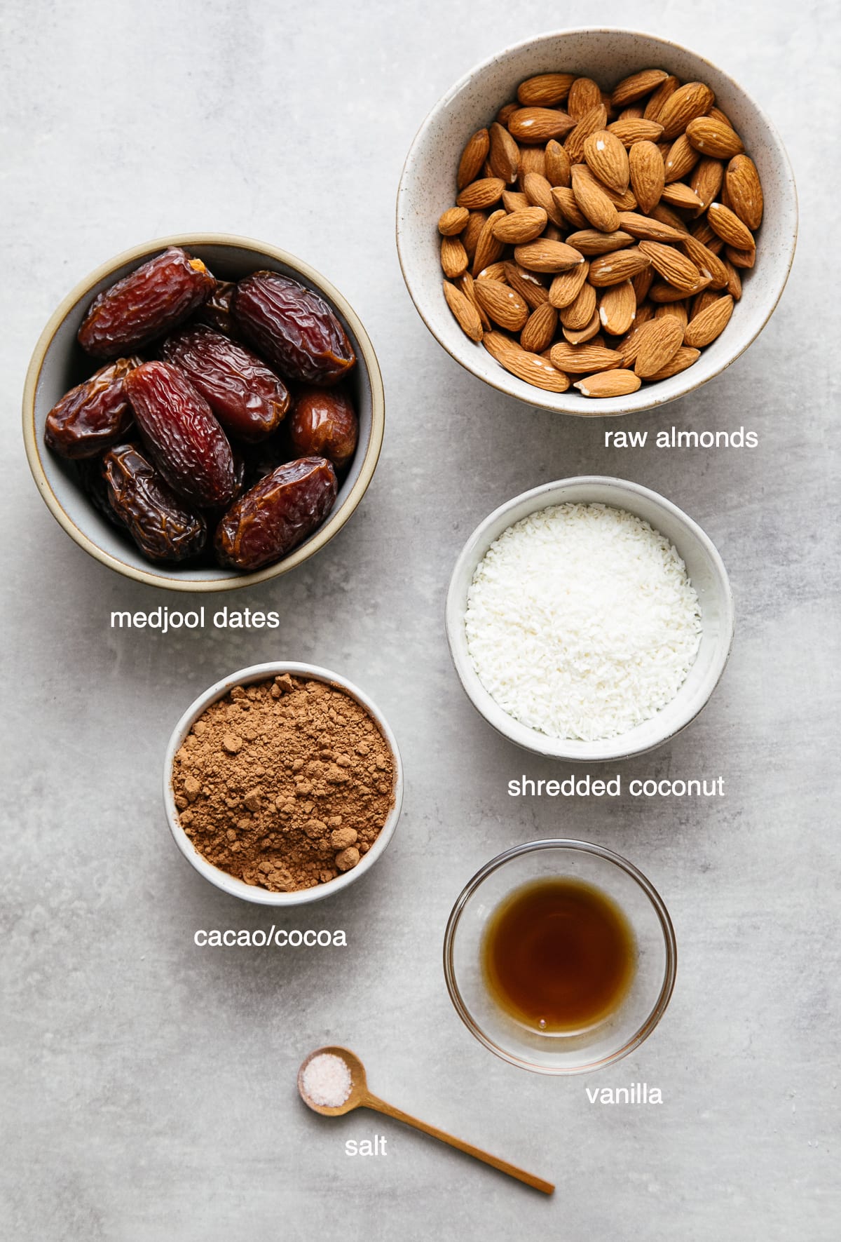 top down view of ingredients used to make raw coconut brownie bites recipe.
