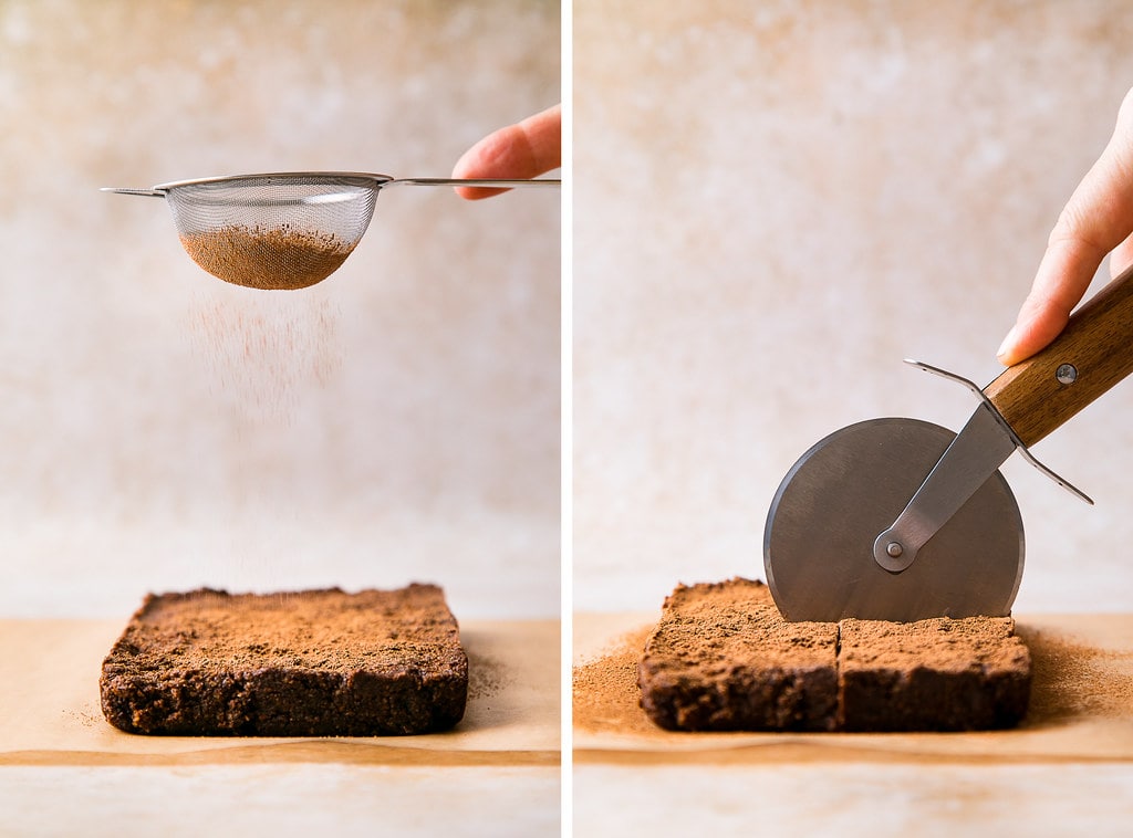 side by side photos showing the process of dusting with cacao powder and cutting raw vegan brownies.
