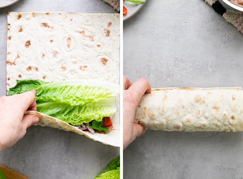 side by side photos showing the process of rolling a lavash wrap.