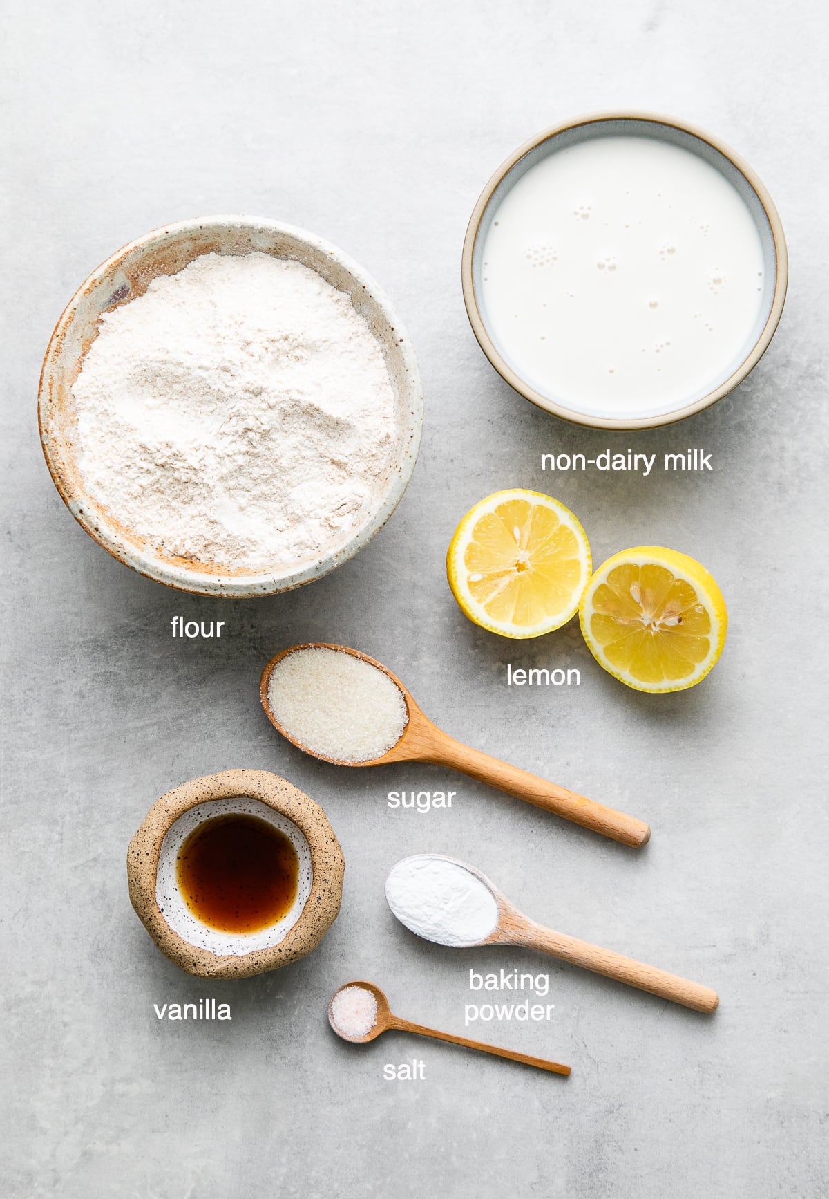 top down view of ingredients used to make vegan lemon chia seed pancakes recipe.