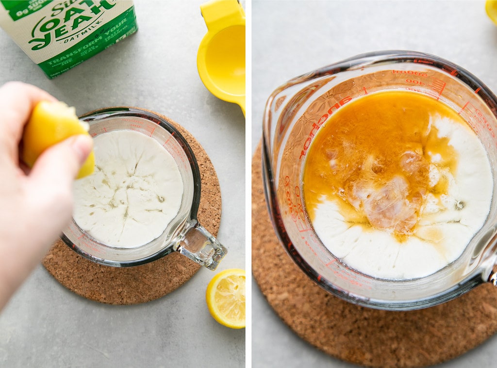 side by side photos showing the process of making vegan buttermilk.