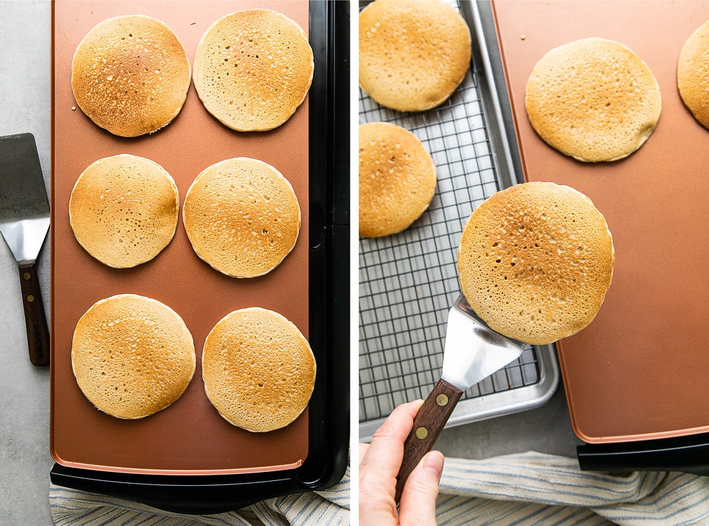 side by side photos showing the process of cooking and cooling vegan pancakes.