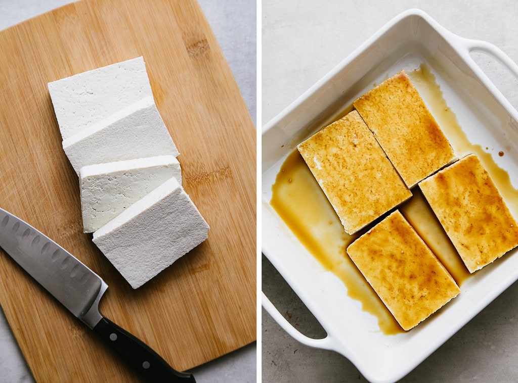 side by side photos showing the process of making cutting and marinating tofu.