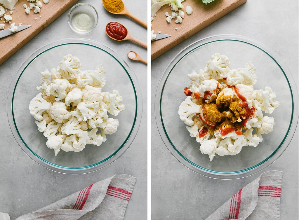 side by side photos showing the process of coating cauliflower with spices in a glass bowl and items surrounding.