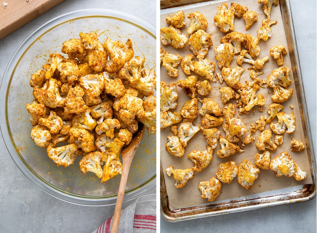 side by side photos showing the process of roasting curry sriracha cauliflower on a baking sheet.