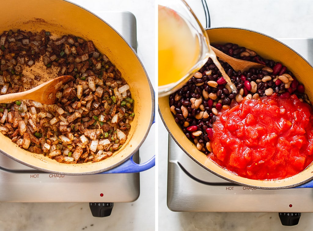 side by side photos showing the process of making easy 3 bean chili recipe.
