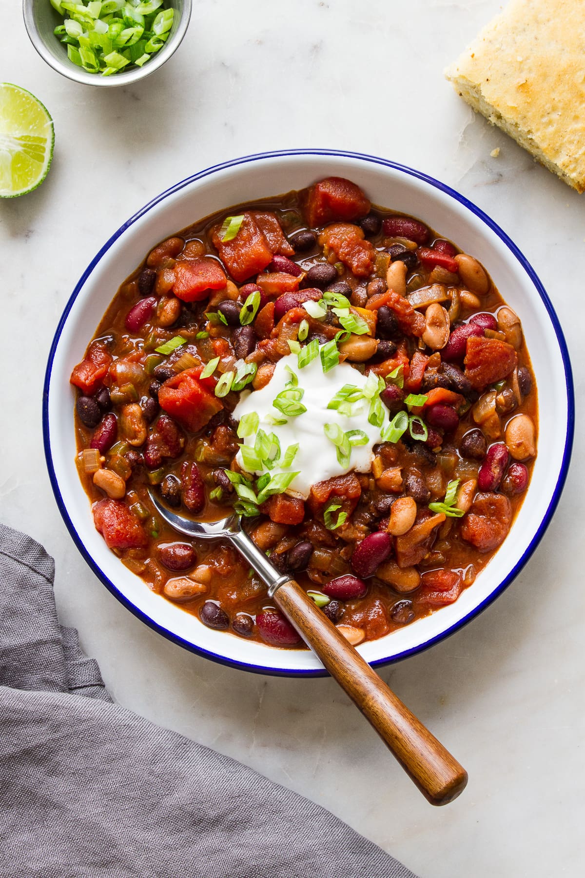 top down view of a bowl full of quick and easy three bean chili.