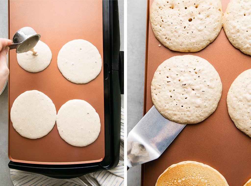 side by side photos showing the process of making vegan pancakes on a griddle.