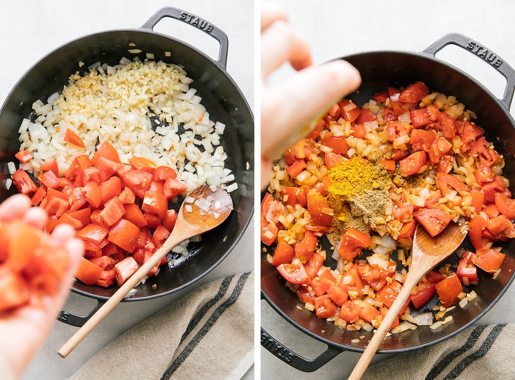 side by side photos showing the process of sauteing veggies in cast iron pan.