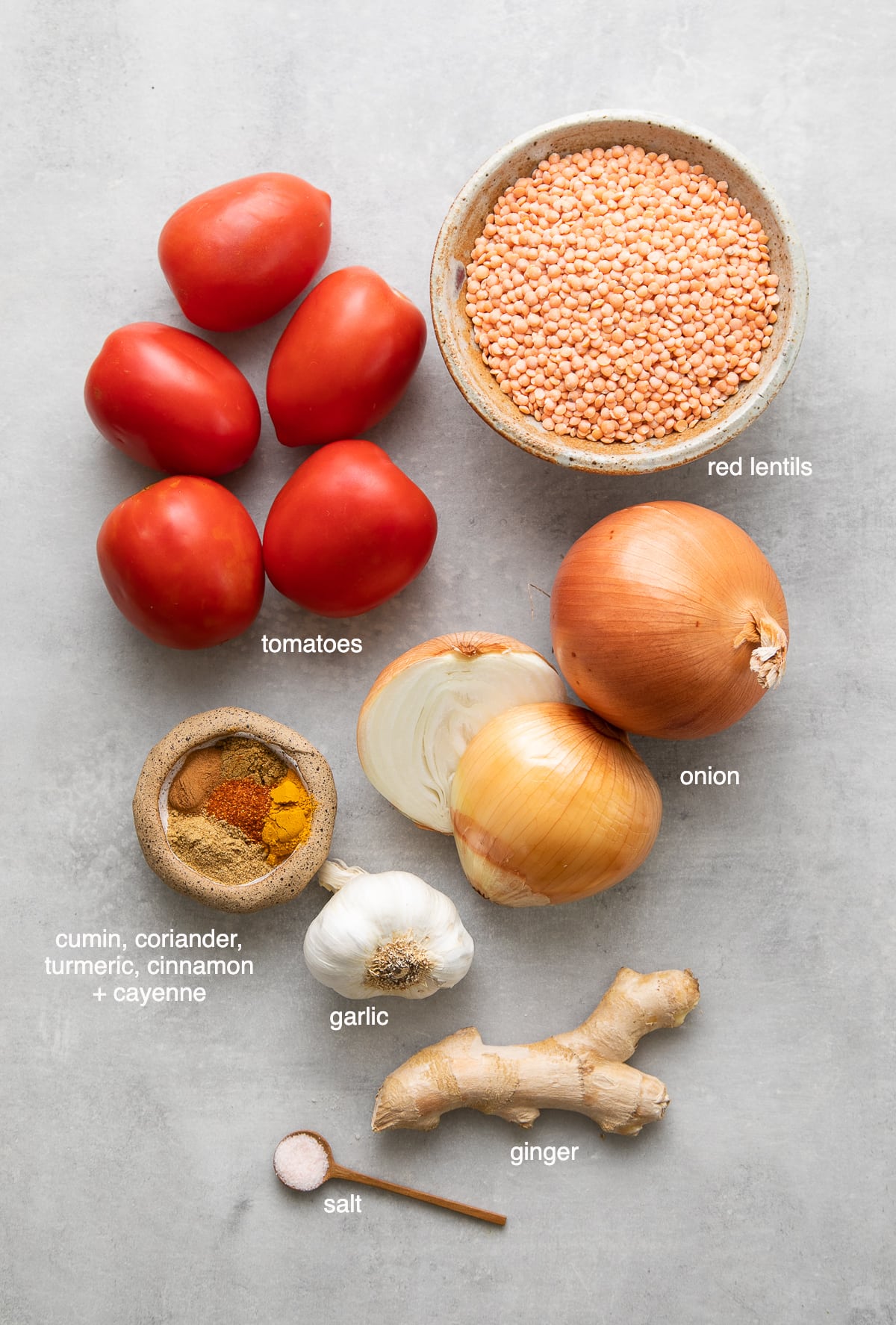 top down view of ingredients used to make vegan spicy red lentil dahl.