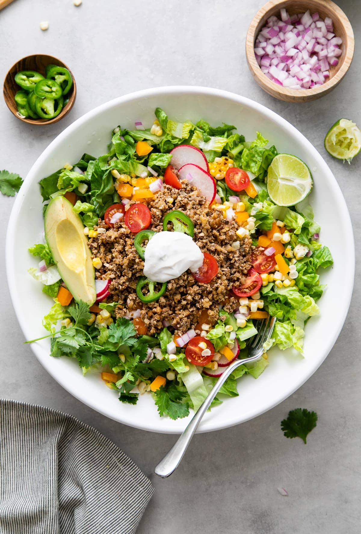 top down view of vegan taco salad with healthy walnut taco meat.