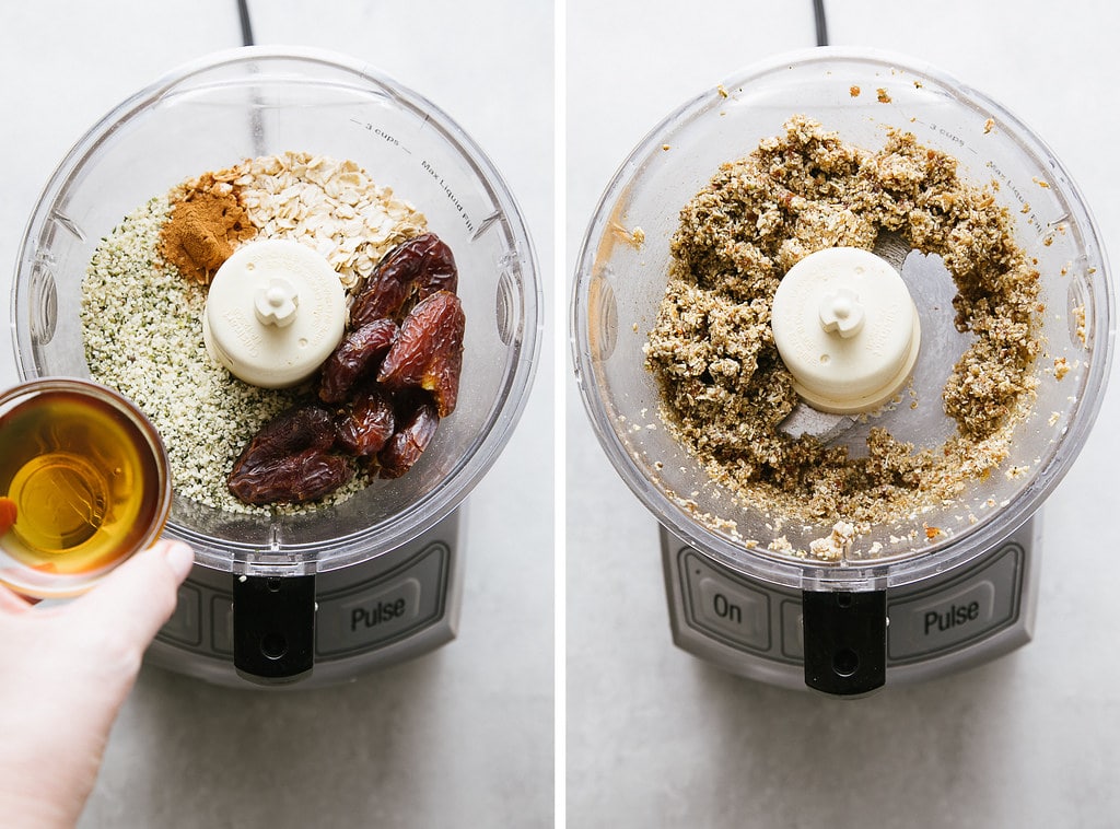 side by side photos showing the process of making healthy hemp heart energy bites in a food processor.