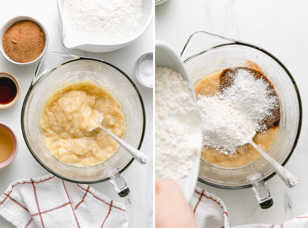 side by side photos showing the process of making banana bread batter..