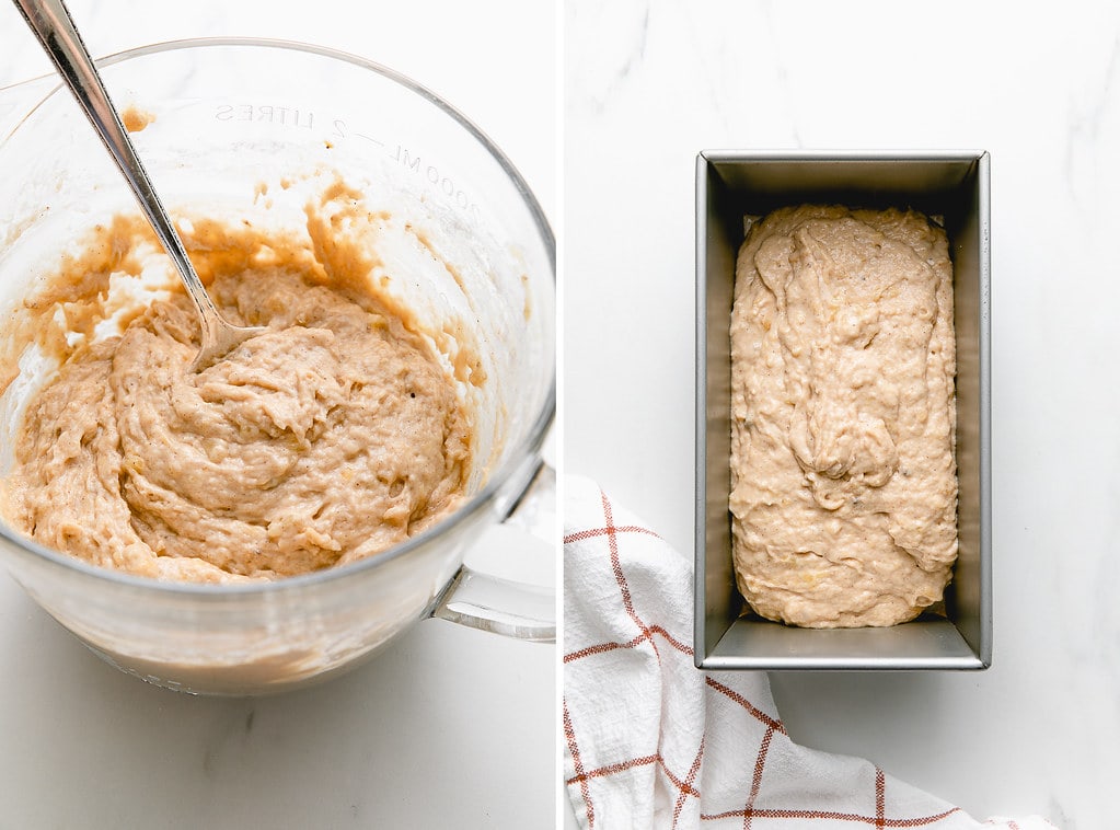 side by side photos of vegan banana batter fresh made in bowl and added to loaf pan.