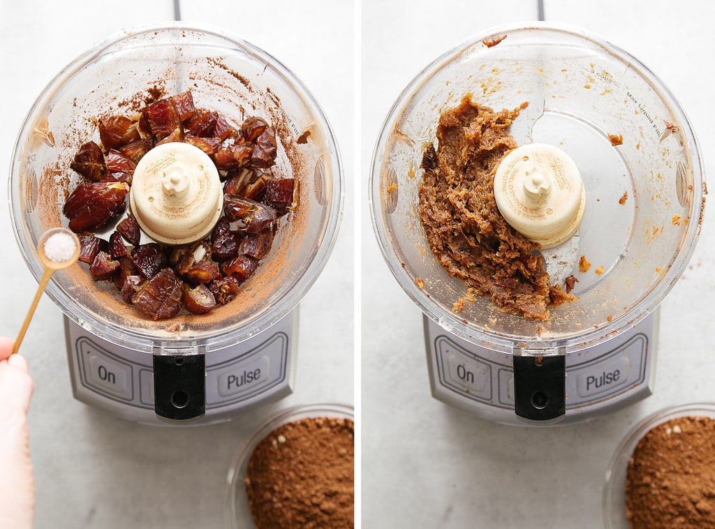 side by side photos showing the process of making date paste in food processor.