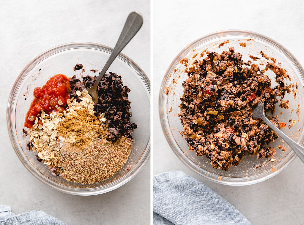 side by side photos showing the process of making black bean burger mix.