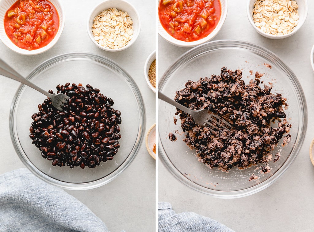 side by side photos showing process of mashing black beans in a bowl.