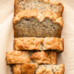 top down angle view of sliced vegan banana bread