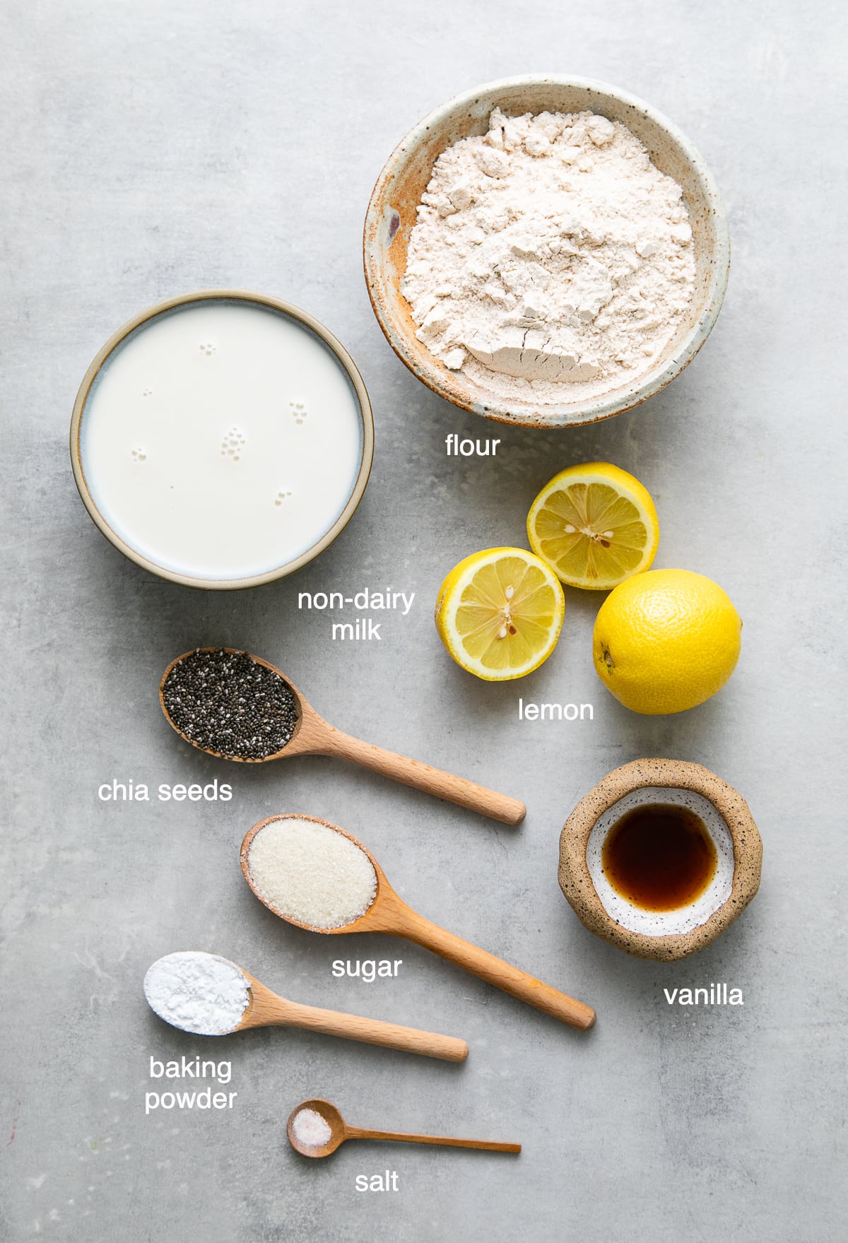 top down view of ingredients used to make vegan lemon chia seed pancakes recipe.