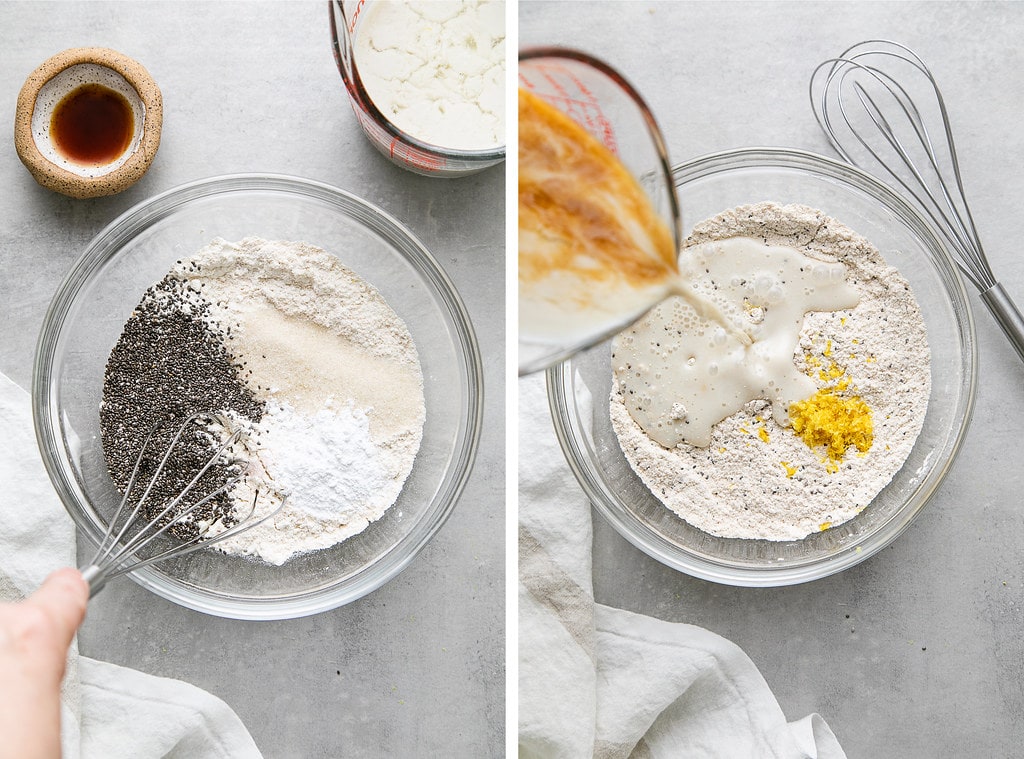 side by side photos showing the process of making vegan lemon chia seed pancake batter.