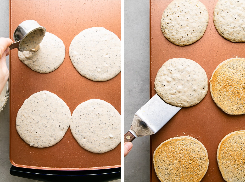 side by side photos showing the process of making lemon chia seed pancakes on a griddle.