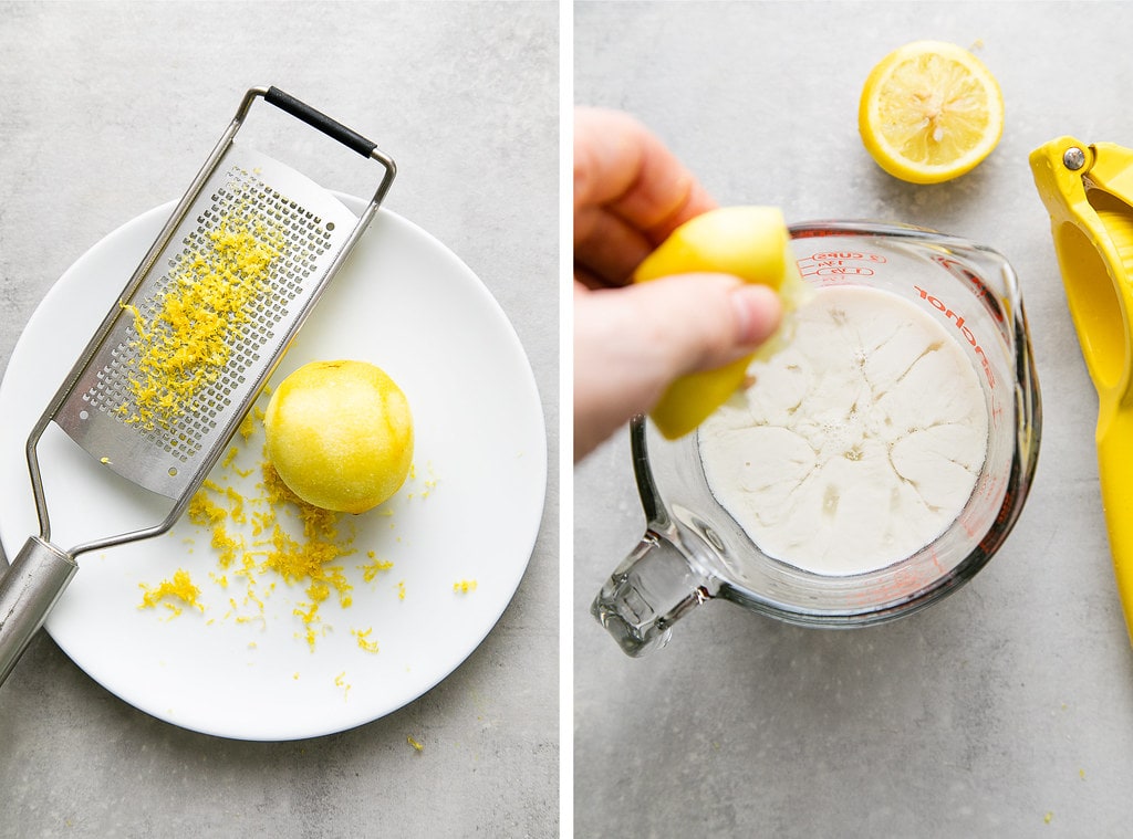side by side photos showing zested lemon and making vegan buttermilk.
